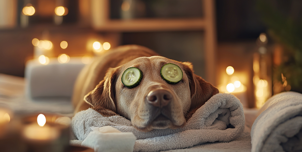 Dog with slices of cucumber